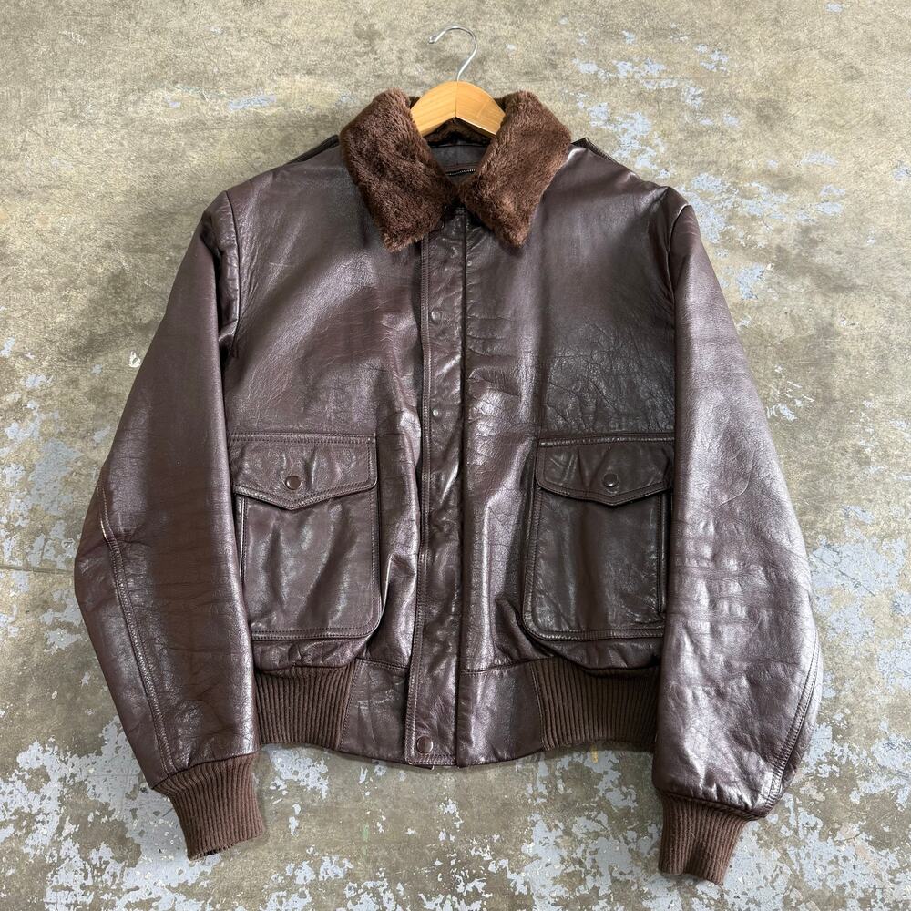 Vintage 1950s Brown Leather Flight‎ Jacket HDK Zipper Mouton Collar Japan